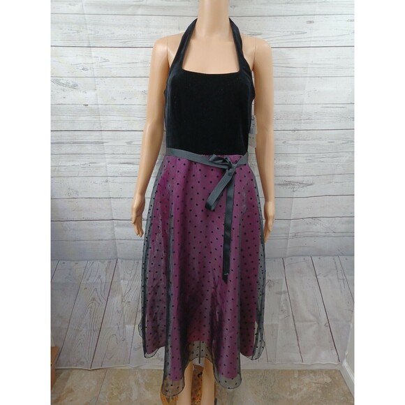 Betsy & Adam by Jaslene Maxi Black Burgundy Halter Dress Polkodot Sz 12 - Picture 1 of 10